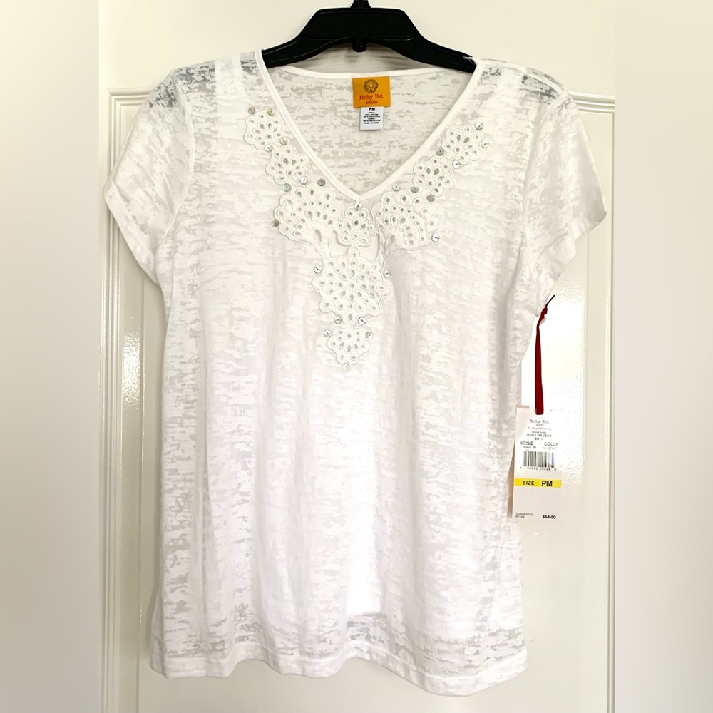Ruby Rd. Blouse Top White Lace Sequins Petite M Shirt Overlay RSP: $54 NWT